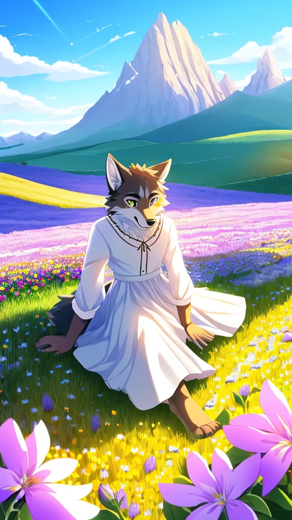 Wolf anthro sitting in feild of flowers, male, Dynamic Angle, Clouds and Mountains, (Flower Field: 1.4) in the foreground, White dress, Light tracing, (Floating Colorful Wind: 1)