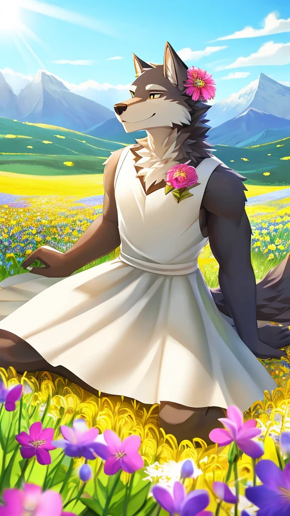 Wolf anthro sitting in feild of flowers, male, Dynamic Angle, Clouds and Mountains, (Flower Field: 1.4) in the foreground, White dress, Light tracing, (Floating Colorful Wind: 1)