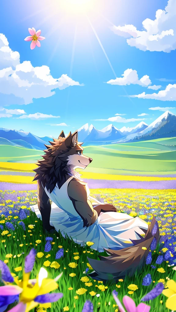 Wolf anthro sitting in feild of flowers, male, Dynamic Angle, Clouds and Mountains, (Flower Field: 1.4) in the foreground, White dress, Light tracing, (Floating Colorful Wind: 1)