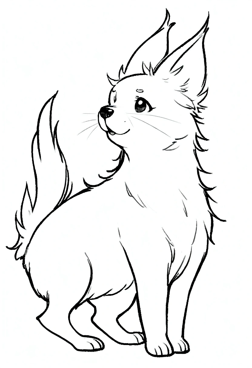 yeh, black andwhite, for drawing, thin-lines, feral, estilo fluffly, fully body, profile body, 4-legged, fluffly, average size, Puppy
