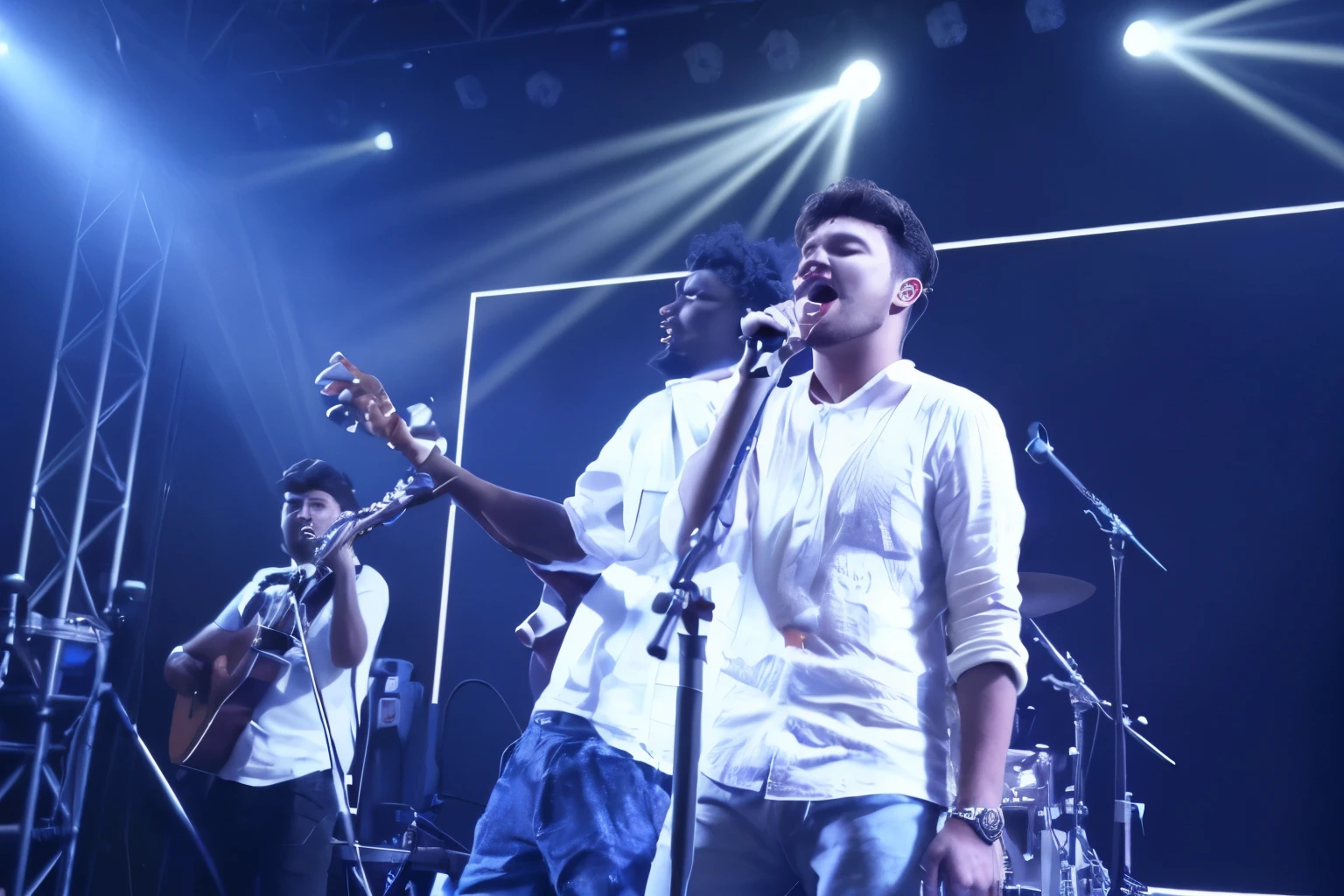 The white shirt guy, who is singing on the mic in front, make him nude