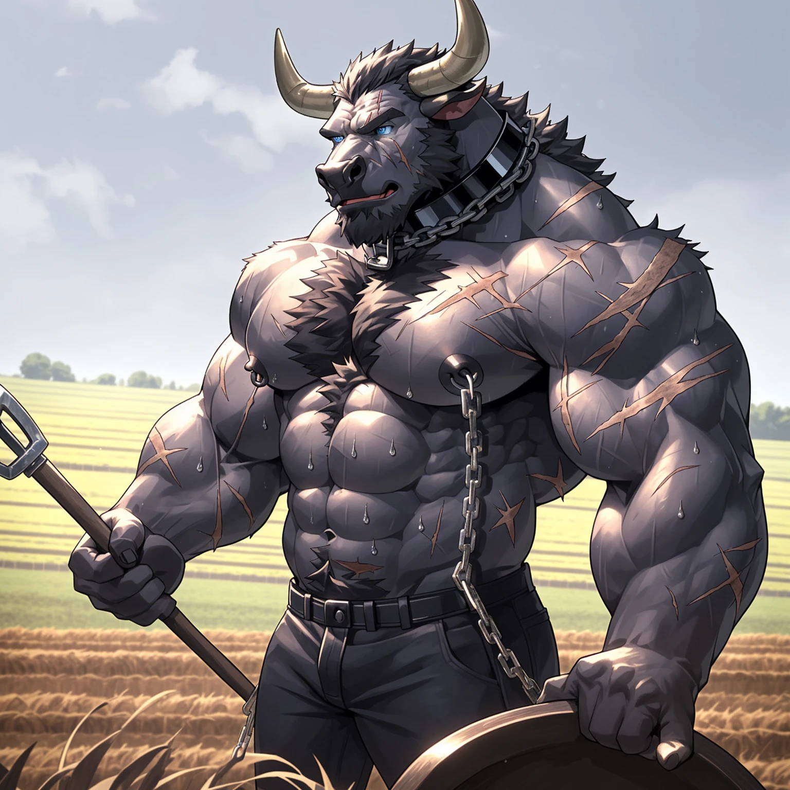 Sweating, muscular, Shirtless, Plowing the fields with farm tools during the day, Anthropomorphic chest hair, Serious expression（scars in the face） Mature （blue eyes）Huge muscular torn abs wild wearing nipple rings and collars prisoners collar linked to chains lock ambitious black bull