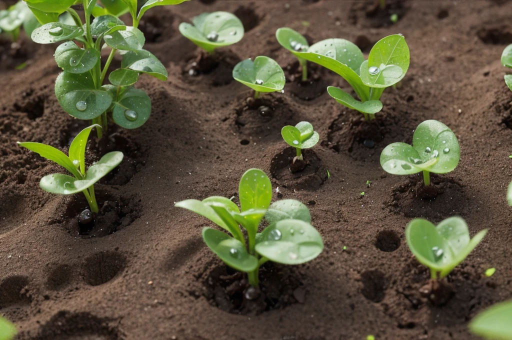 Close-up of water drops on the seedlings of crops
