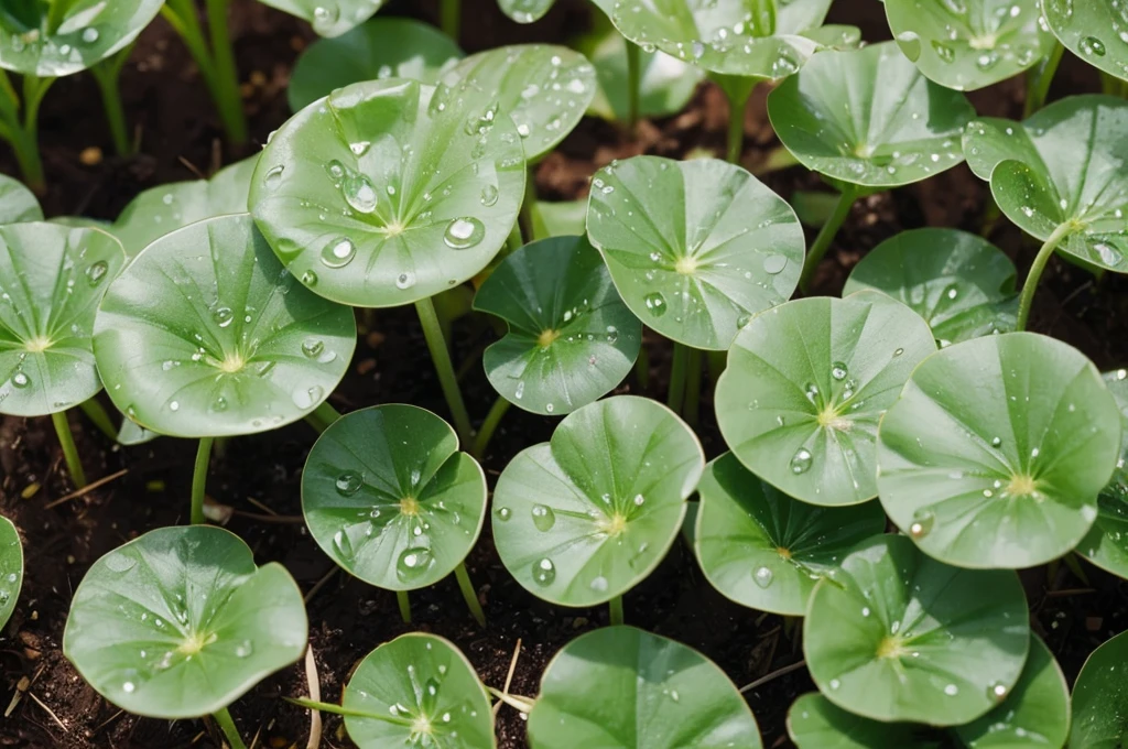 Close-up of water drops on the seedlings of crops