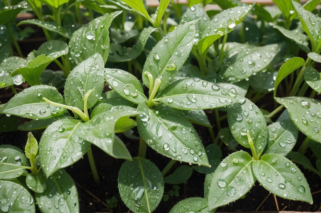 Close-up of water drops on the seedlings of crops