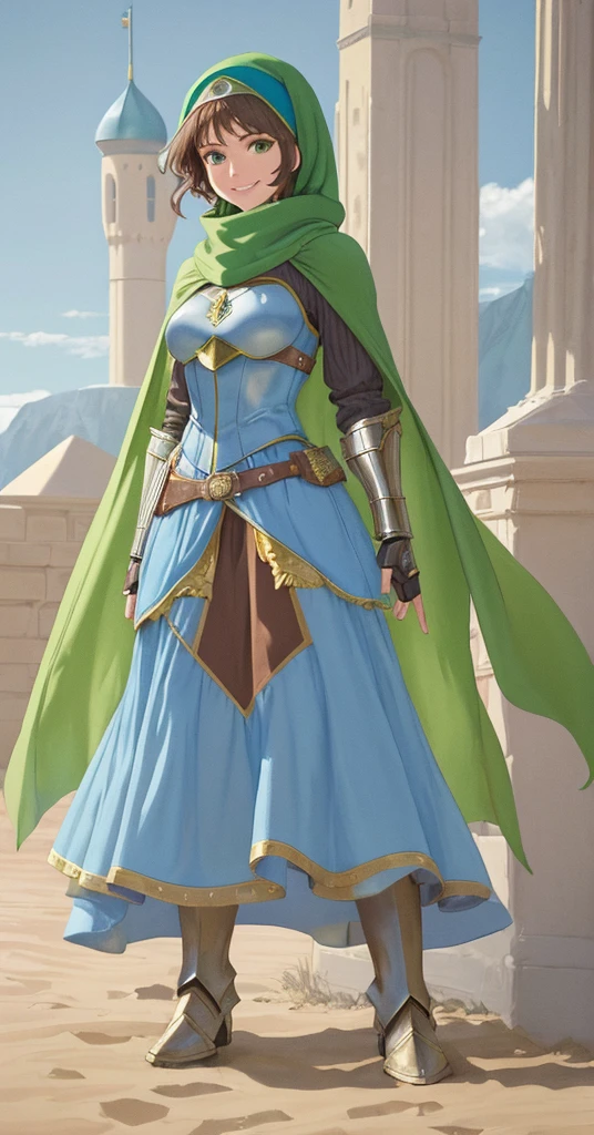 masterpiece, best quality:1.2), 1girl, smile, looking at viewer, green eyes, short brown hair, princess, armor, blue hijab headscarf, pauldrons, armored dress, green cloak cape, wearing puffy blue ballgown skirt, armored boots, fingerless gloves, standing in front of desert castle
