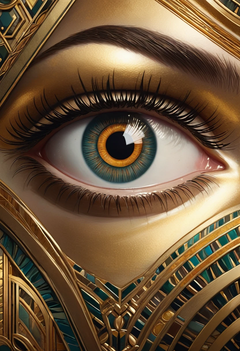 A detailed, hyper-realistic, art deco-inspired digital painting of a close-up eye, highly detailed and precise, with intricate geometric patterns and golden metallic accents, dramatic chiaroscuro lighting, cinematic composition, warm color palette, masterfully rendered