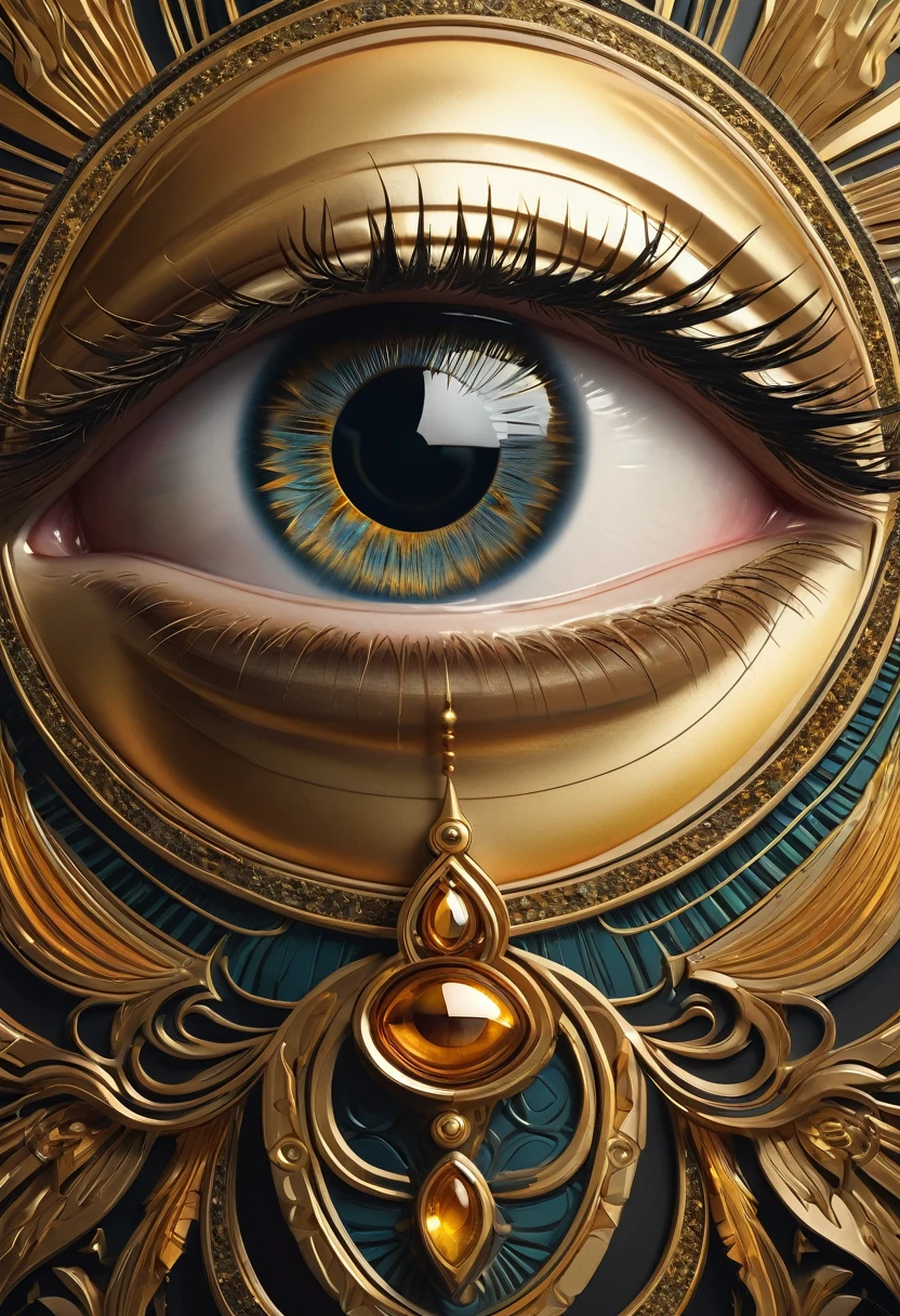 A detailed, hyper-realistic, art deco-inspired digital painting of a close-up eye, highly detailed and precise, with intricate geometric patterns and golden metallic accents, dramatic chiaroscuro lighting, cinematic composition, warm color palette, masterfully rendered