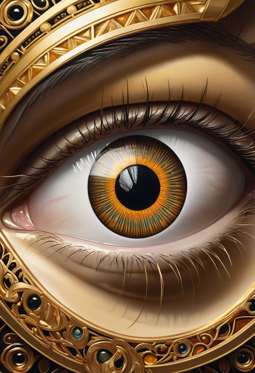 A detailed, hyper-realistic, art deco-inspired digital painting of a close-up eye, highly detailed and precise, with intricate geometric patterns and golden metallic accents, dramatic chiaroscuro lighting, cinematic composition, warm color palette, masterfully rendered