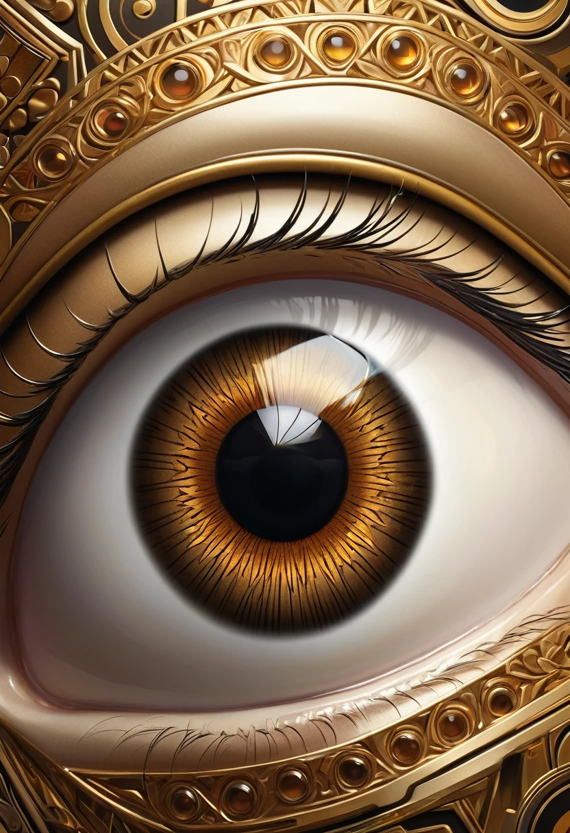 A detailed, hyper-realistic, art deco-inspired digital painting of a close-up eye, highly detailed and precise, with intricate geometric patterns and golden metallic accents, dramatic chiaroscuro lighting, cinematic composition, warm color palette, masterfully rendered