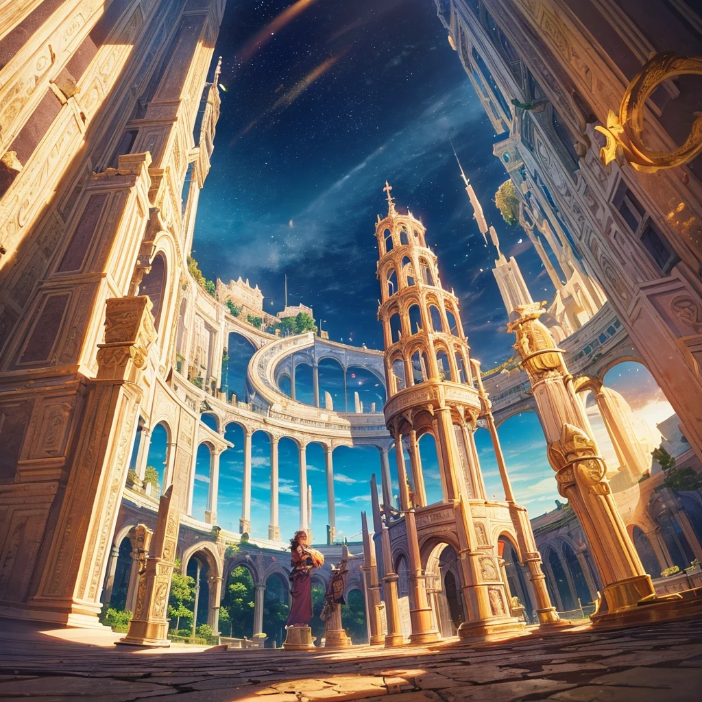 2 summoners are fighting in a large colloseum with 1 monster each, one Summoner uses a dragon that is half the height of the Colosseum while the other Summoner uses a fire lion that is a quarter of the height of the colloseum with fangasy anime style and an epic viewpoint where the difference between the lion and the dragon is quite big