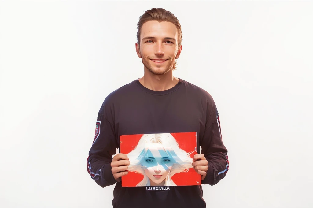 smiling man holding a photo of a woman on a red background, promotional art, needle, Official Artwork, Official Art, Peter Lundqvist, Promotional image, headquarters artwork, Promotional photo, jakub kasper, Promotional portrait, ๐ช ๐จ;๐๐, Sergey Zabelin, giga chad, Advertising photo, Benjamin's grandson, 16K resolution