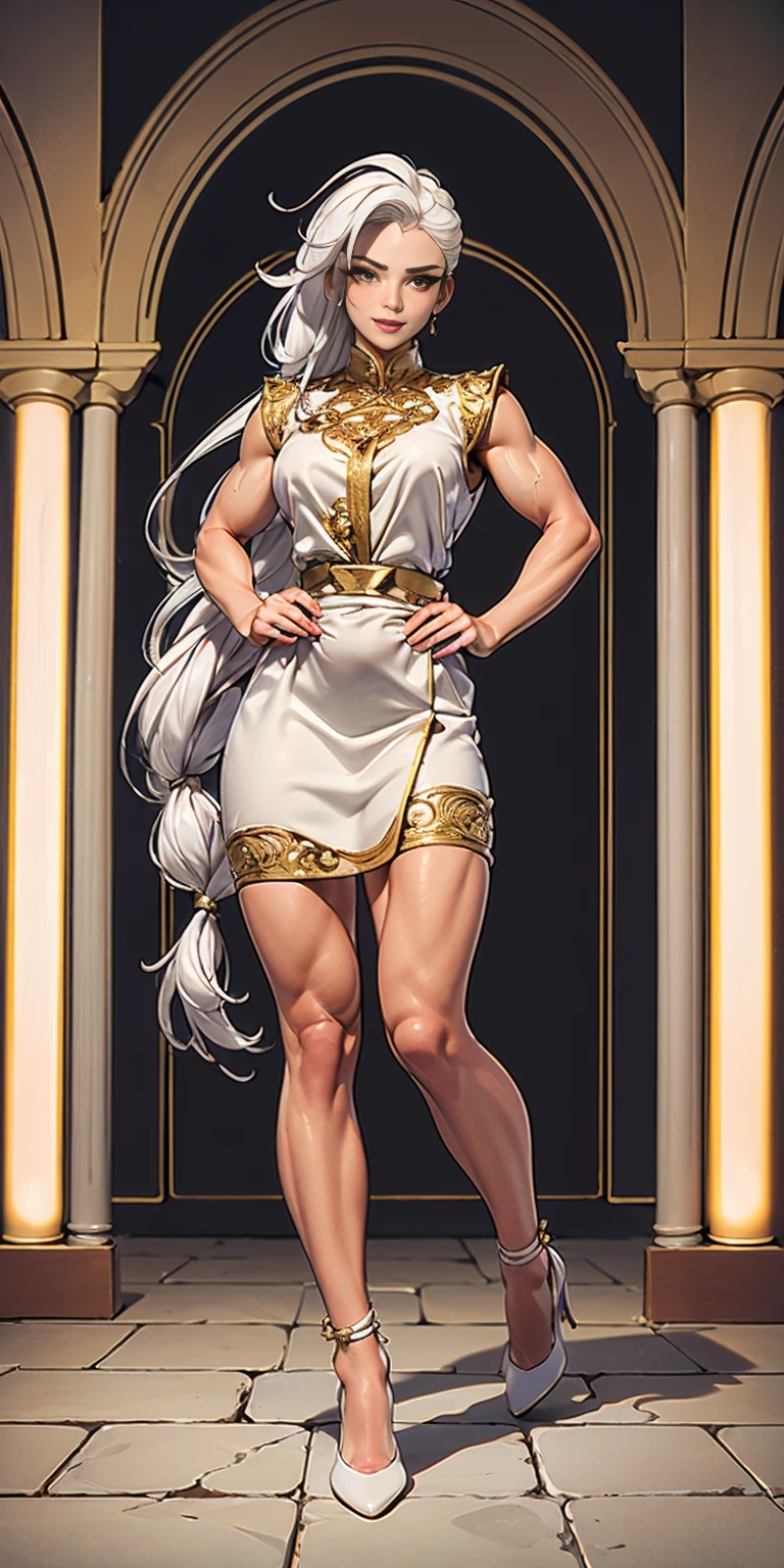 (masterpiece, best quality), intricate details, 1girl, Bridesmaid Muscular full body woman White hair White braid Motherly body smile Porcelain skin Red heels with feet together Long hair Hands on waist Navel Strong abs Direct look Perfect lighting Masterpiece High quality (good hands, best hands)
