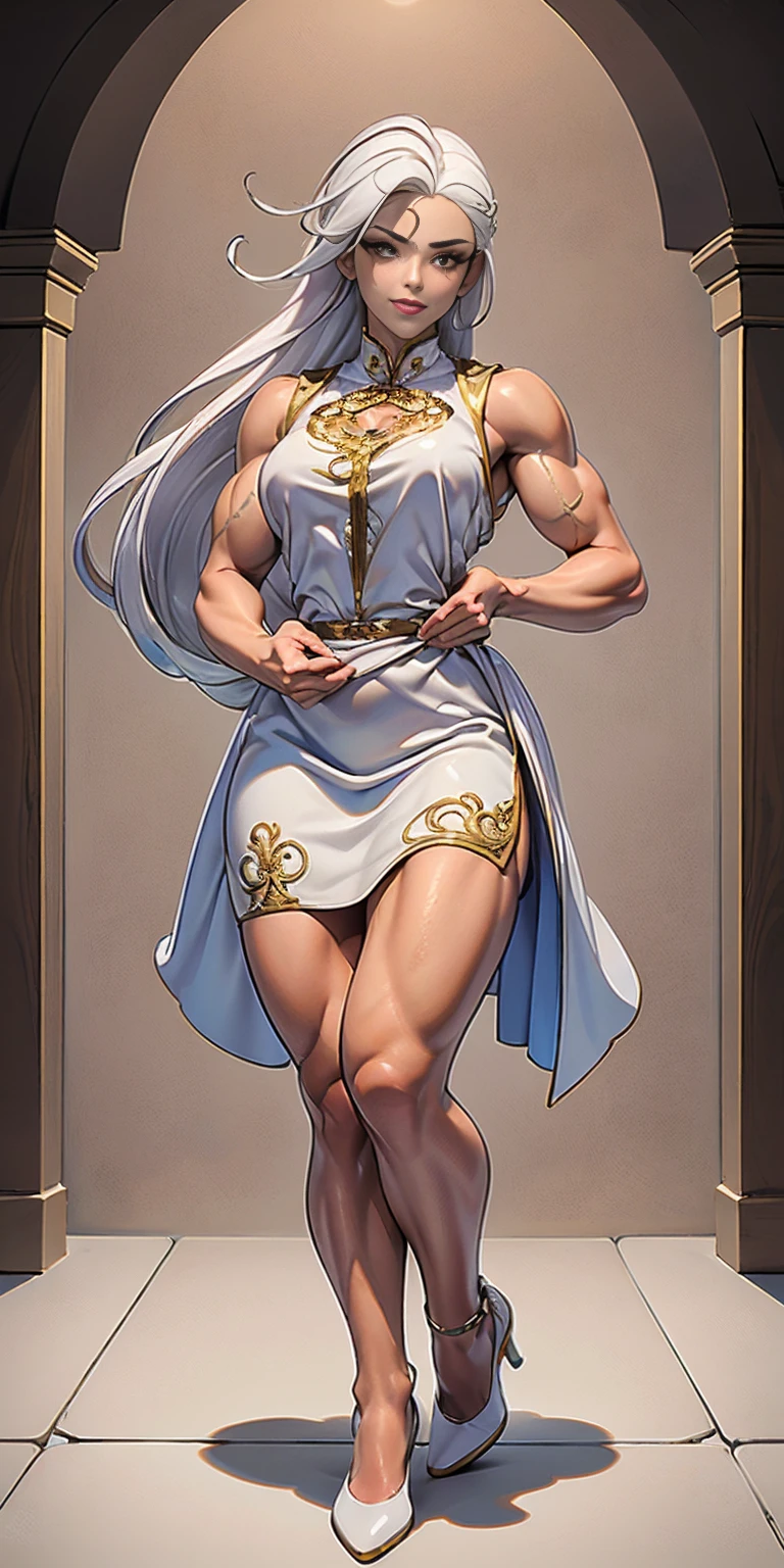 (masterpiece, best quality), intricate details, 1girl, Bridesmaid Muscular full body woman White hair White braid Motherly body smile Porcelain skin Red heels with feet together Long hair Hands on waist Navel Strong abs Direct look Perfect lighting Masterpiece High quality (good hands, best hands)
