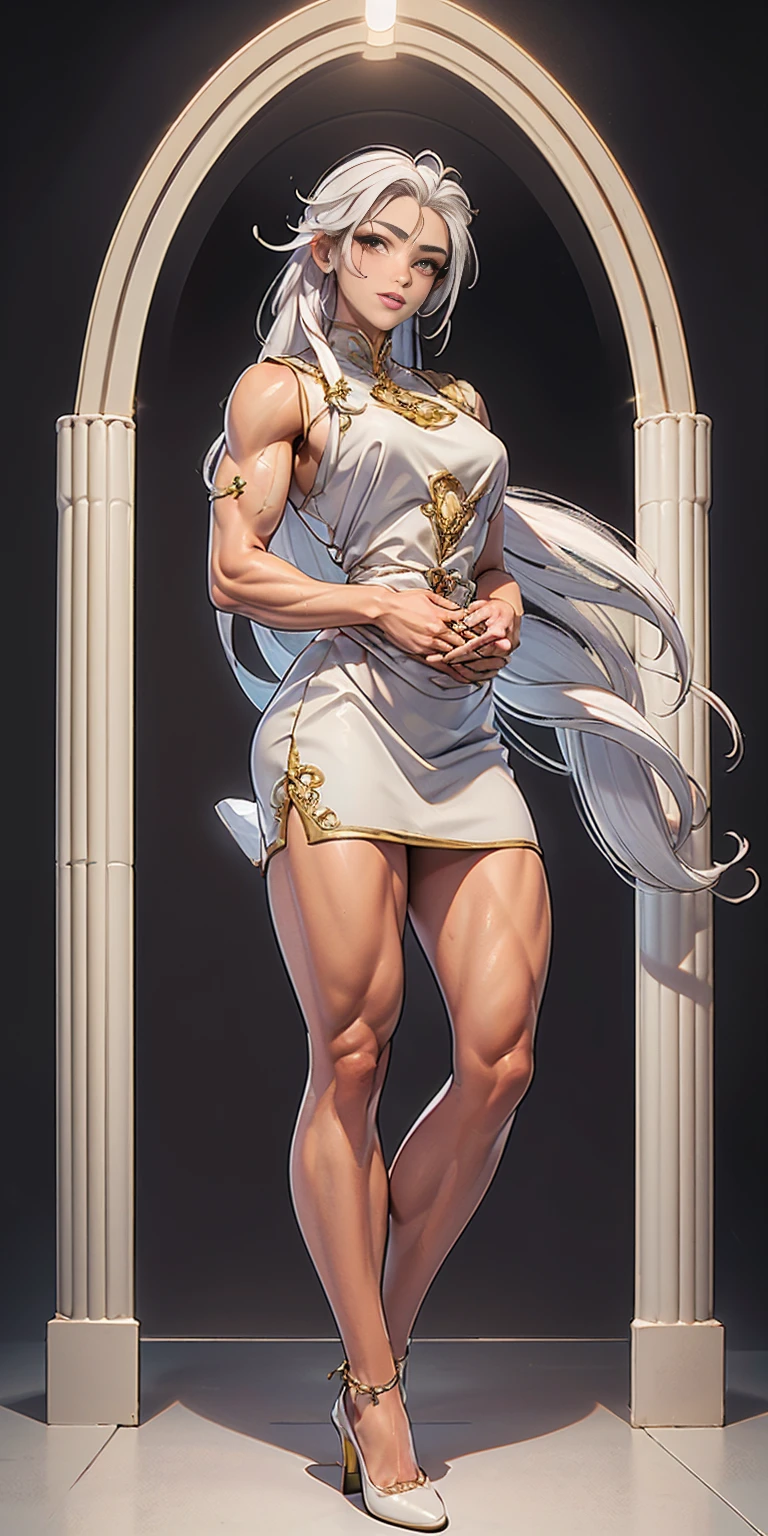 (masterpiece, best quality), intricate details, 1girl, Bridesmaid Muscular full body woman White hair White braid Motherly body smile Porcelain skin Red heels with feet together Long hair Hands on waist Navel Strong abs Direct look Perfect lighting Masterpiece High quality (good hands, best hands)