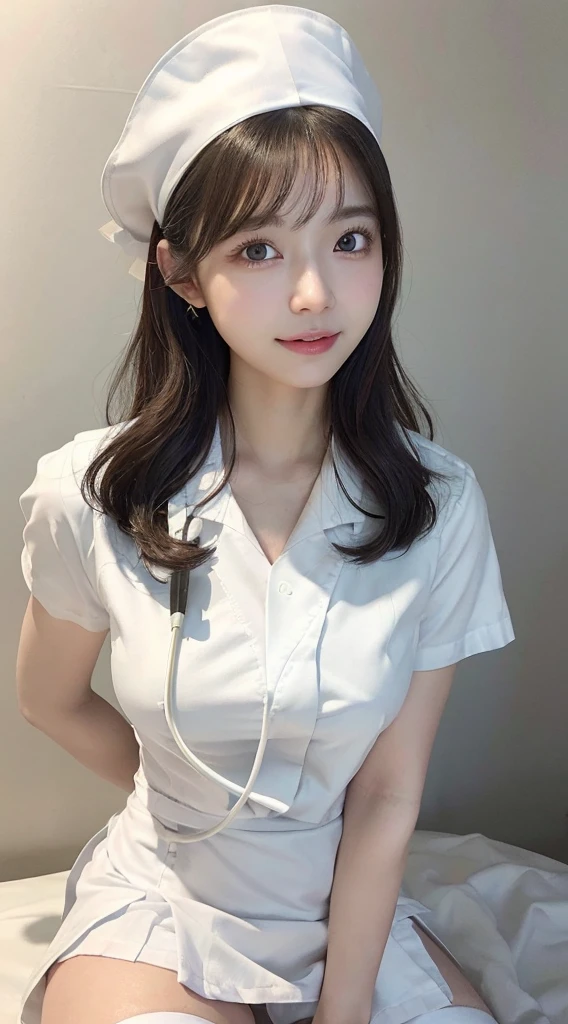 Innocent 14-year-old girl，huge breasts:1.2,cleavage of breasts:1.2、(panty shot:1.3) (white nurse uniform:1.5),( White short skirt:1.5),(White nurse hat:1.5),(white nurse pumps:1.5), (squatting:1.3）、Angle:1.2、（hands down:1.5）、The background is a hospital room.、laugh,shortcut、raw photo, (8K、top quality、masterpiece:1.2)、(intricate details:1.4)、(realistic:1.4)、octane rendering、Highly detailed representation of complex 3D renderings, studio soft light, rim light, vivid details, super detailing, realistic skin texture, detail face, Beautiful eye for detail, Highly detailed CG Unity 16k wallpaper, assembly, (detailed background:1.2), glowing skin, whole body,Squat down and bend your knees.