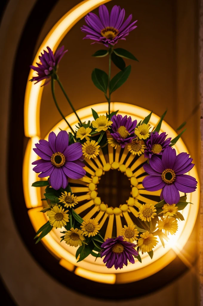 a circle flower of light with six flowers around and one flower in center with purple and golden light color