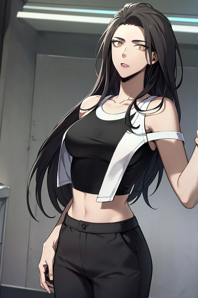 masterpiece, best quality, high quality, highres, Woman boxer, long black hair, handsome face, boxing gloves, sports bra, toned, boxing stance, long black pants, looking at viewer