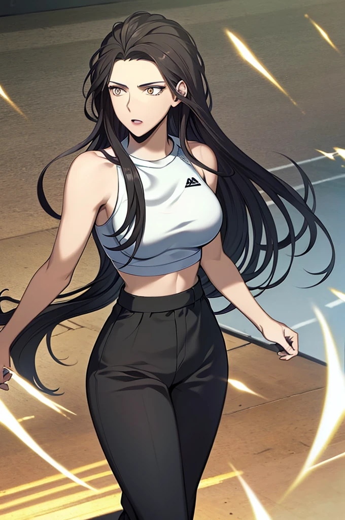 masterpiece, best quality, high quality, highres, Woman boxer, long black hair, handsome face, boxing gloves, sports bra, toned, boxing stance, long black pants, looking at viewer
