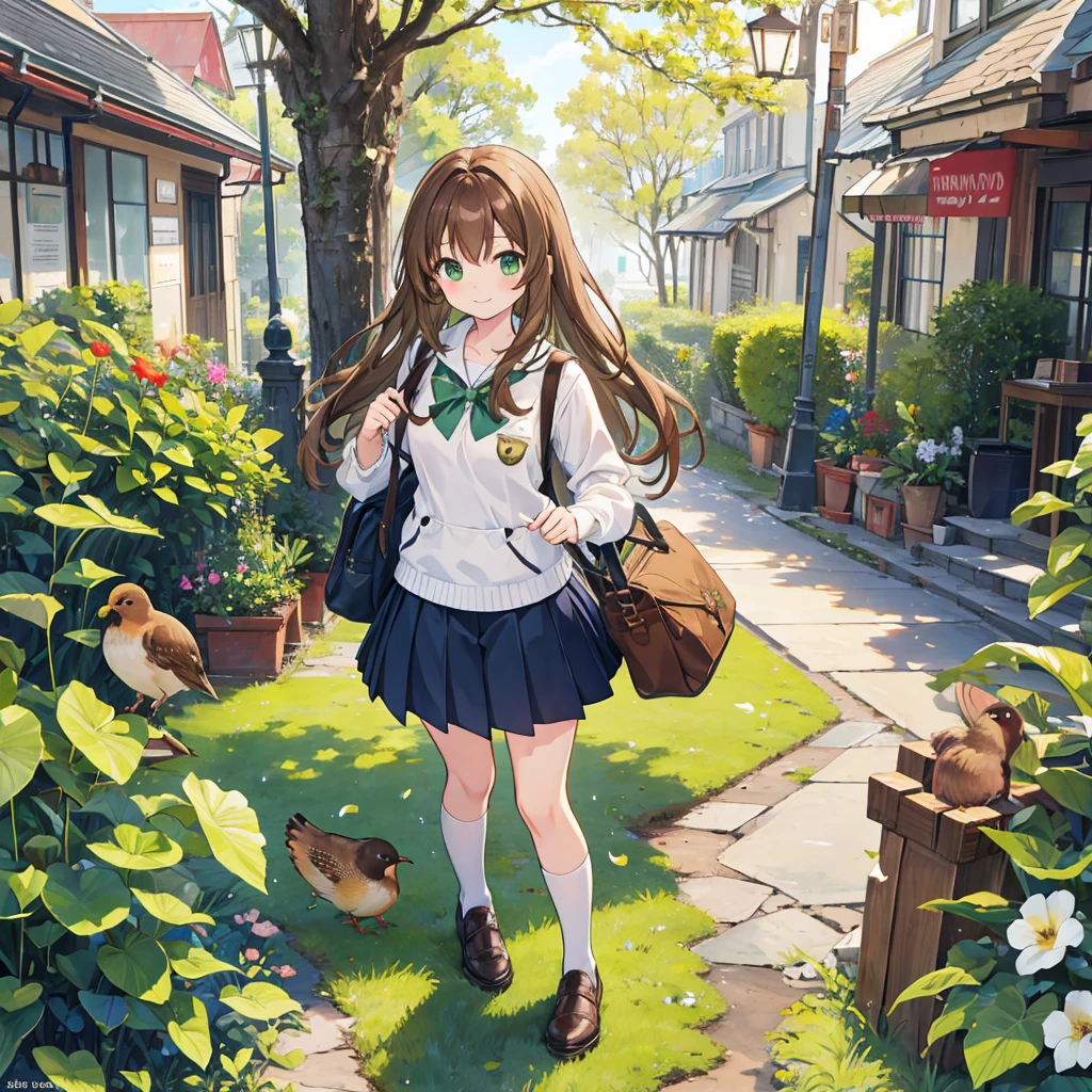 kawaii, anime, Cute, hyper quality, highly detailed, 16k, Front facing, Clarity, full body, smile, one girl, long brown hair, green eyes, uniform, , carry a school bag, in town, find one bird, brown kiwi bird, Kiwi bird is on the ground, holding a kiwi bird, kiwi bird, A town where flowers are planted,
