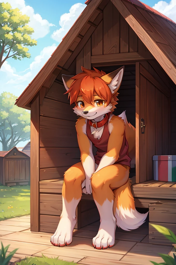 Dog and fox boy,Living in a doghouse,4Khigh resolution, high resolution,One person,It's bright outside,sunny,Wearing a red collar,