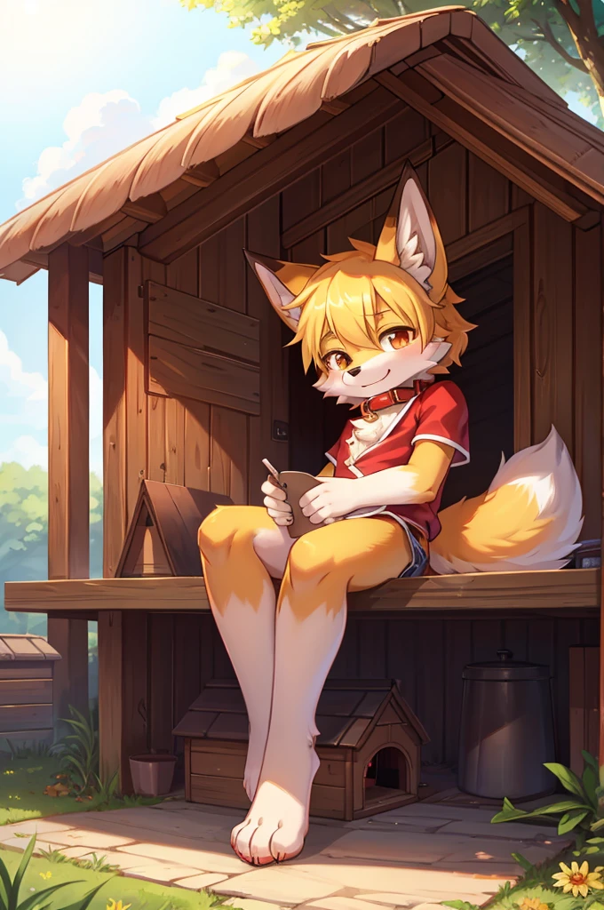Dog and fox boy,Living in a doghouse,4Khigh resolution,       high resolution,One person,It's bright outside,sunny,Wearing a red collar, 