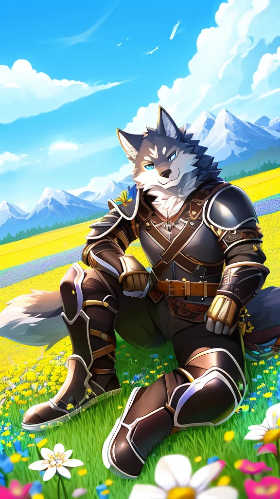 Wolf anthro sitting in feild of flowers, male, Dynamic Angle, Clouds and Mountains, (Flower Field: 1.4) in the foreground, leather armor, Light tracing, (Floating Colorful Wind: 1)