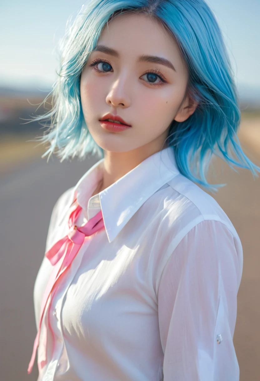 (detailed beautiful eyes and detailed face, masterpiece side light, masterpiece, best quality, detailed, High resolution illustrations), (1 girl, beautiful girl, Glowing skin), (Sky blue hair, Pink Eyes, skirt, Ribbon, Button-down shirts)(Kneeling on the ground)