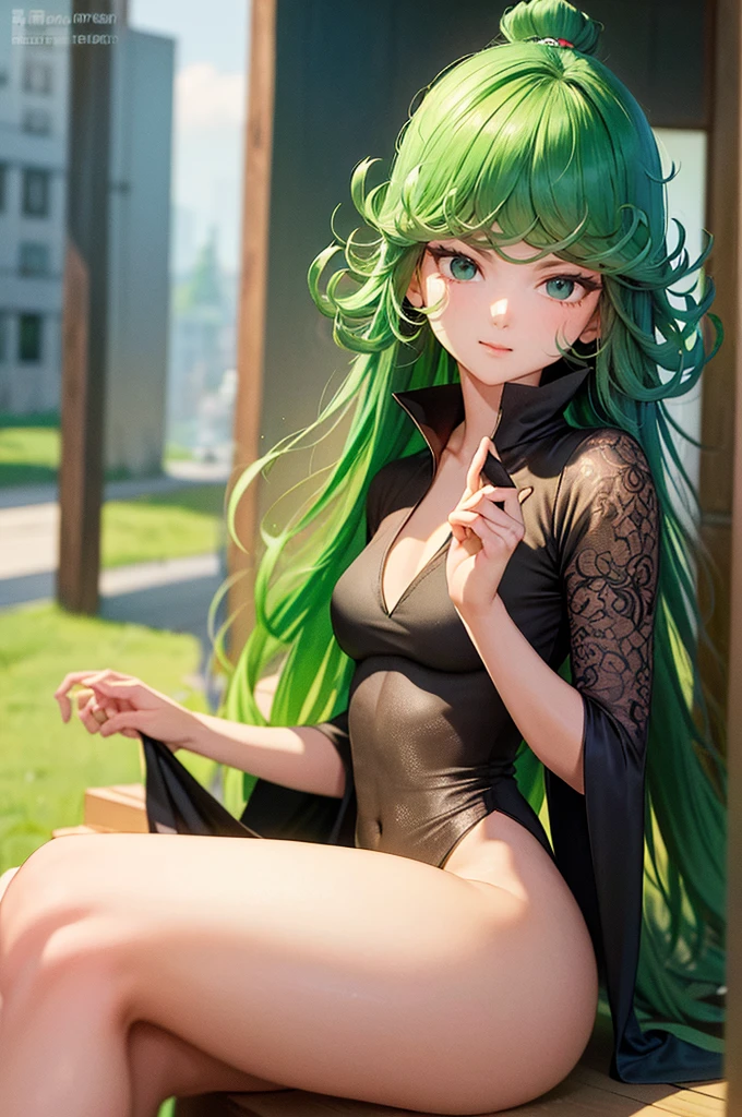 (Masterpiece, Best Quality:1.2), solo, 1girl, tatsumaki,(slickback hairstyle),super long hair,unamused, closed mouth, looking a viewer, hand on our face, sitting, She wore Dunhuang flying clothes,big thighs