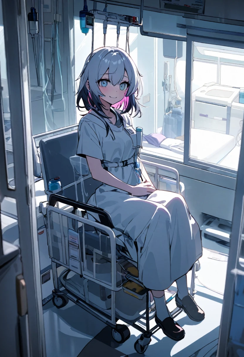 experimental girl, Dark hospital room, IV drip on casters, Dark hospital room, A fleeting smile