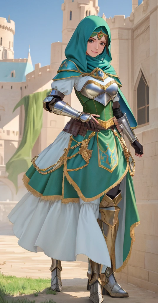 masterpiece, best quality:1.2), 1girl, smile, looking at viewer, green eyes, short brown hair, princess, armor, blue hijab headscarf, pauldrons, armored dress, green cloak cape, wearing y blue ballgown skirt, armored boots, fingerless gloves, standing in front of desert castle