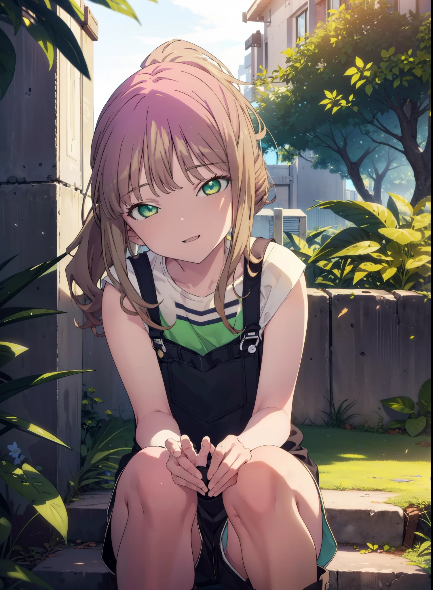 minami yume ,sss Dynazenon ,Long Hair, Brown Hair, (Green Eyes:1.5) ,Center of chest,hair band,ponytail,happy smile, smile, Open your mouth, Blue Tank Top,Overalls,Shorts,short boots,whole bodyがイラストに入るように,Daytime,Clear skies,Sitting on the steps in the park,
break looking at viewer, whole body,(Cowboy Shot:1. 5),
break outdoors, Residential Street,
break (masterpiece:1.2), Highest quality, High resolution, unity 8k wallpaper, (shape:0.8), (Beautiful and beautiful eyes:1.6), Highly detailed face, Perfect lighting, Highly detailed CG, (Perfect hands, Perfect Anatomy),
