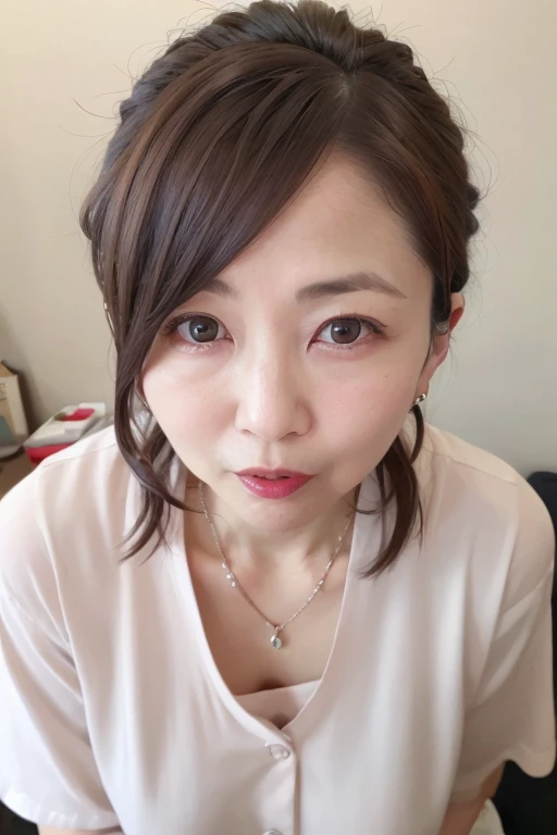 Beautiful and mature 55 year old Japanese woman, Long eyelashes, Low Ponytail, Red lipstick, Pink blush, Pearl Necklace, Earrings, Dark eyeshadow, Open your mouth, Sticking out tongue, Focus on the face, Front view, Lewd, pussy, nsfw