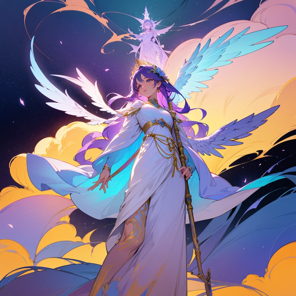 A stunning modern depiction of the Greek goddess Iris, dressed in a flowing, multi-layered dress with a gradient of pastel colors. Her wings are beautifully illustrated, with a blend of vibrant blues and purples, and she stands on a cloud-filled sky. Iris holds a staff with a small flower at the top, symbolizing her role as the messenger of the gods. The overall atmosphere of the image is serene and ethereal, with a touch of surrealism.