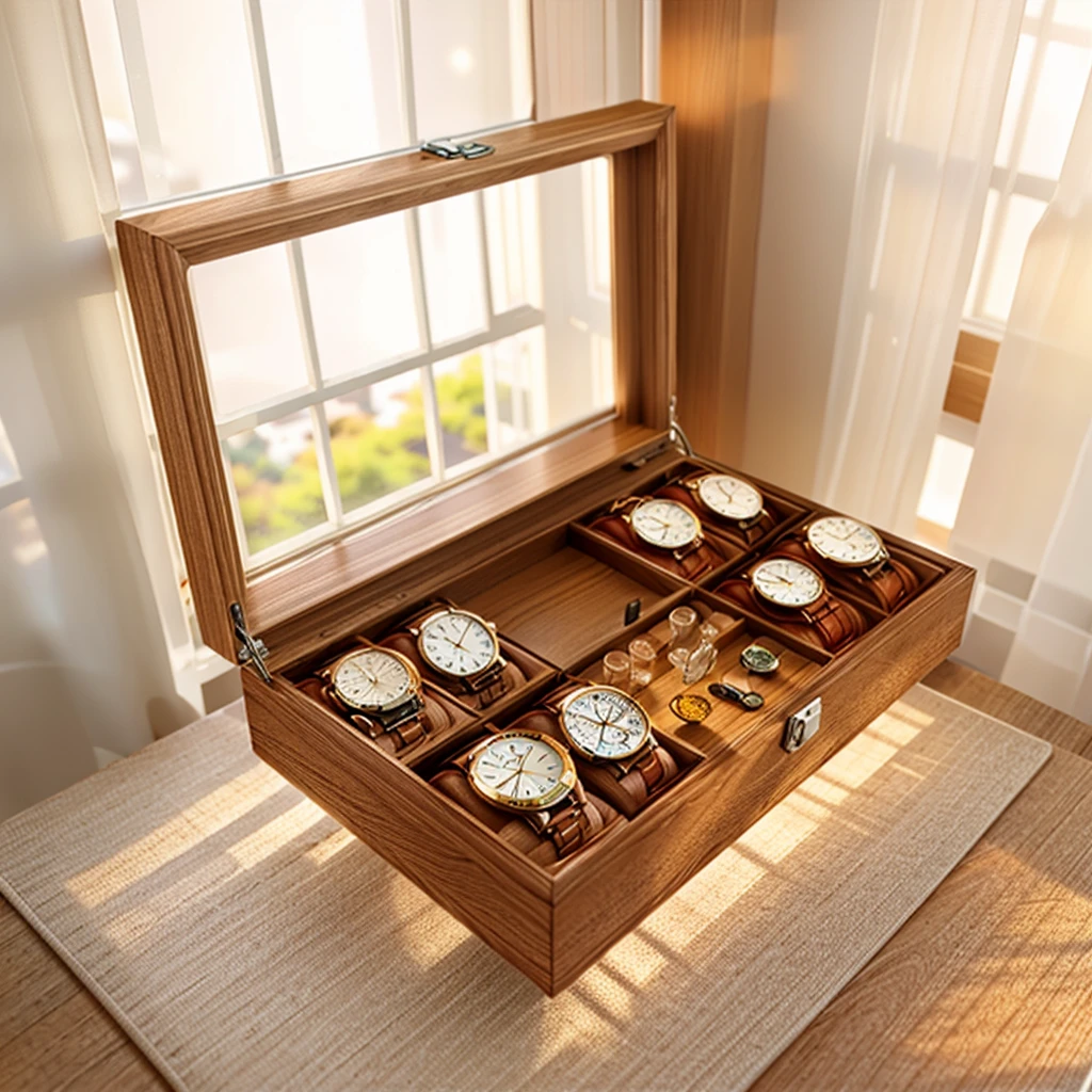In this cozy room,A ray of sunlight shone through the half-drawn curtains on the table,Let the wood grain on the watch storage box shine with a faint luster。There was a calm and peaceful atmosphere in the air around them。There are several still lifes hanging on the walls of the room,It adds a touch of elegance to the space。And on the other side of the room,The half-open window lets in the breeze,The pages on the small desk by the window turned in the wind,This quiet scene gives a sense of tranquility and comfort。