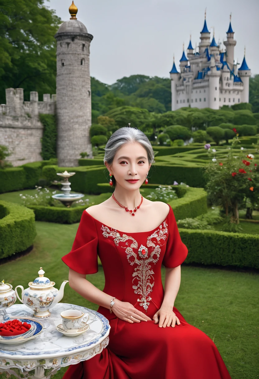 Gray-haired woman, Gray eyes, Royal Family, Red Dress, Red jewelry, Red earrings, lunar calendar, noble, lady, high quality, Very detailed, Delicate face, masterpiece, castle, Drink tea, garden, Flowers, lamp