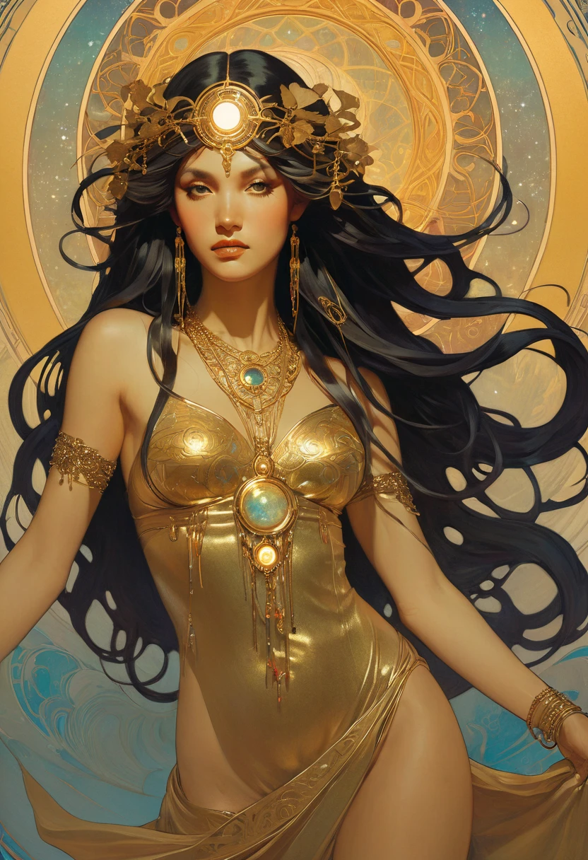 (A beautiful decorative female sand goddess, Gold dress, Glowing Gold Tattoo), (Galactic shaman with quantum energy vision), Fantasy magic, Long hairstyle, Dark Light Night, complex, Vague, Clear focus, illustration, Very detailed, number, Concept Art, Matte, (Artworks by wlop), (author:Justin Gerard (Justin Gerard) and Jason Edmiston (Jason Edmiston): 1.5), (author:Greg Rutkowski: 0.4), (author:Alphonse Mucha: 0.4), masterpiece