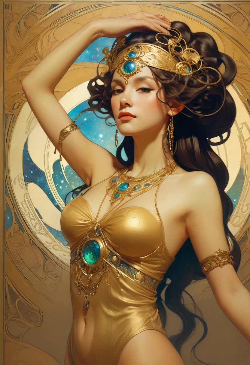 (A beautiful decorative female sand goddess, Gold dress, Glowing Gold Tattoo), (Galactic shaman with quantum energy vision), Fantasy magic, Long hairstyle, Dark Light Night, complex, Vague, Clear focus, illustration, Very detailed, number, Concept Art, Matte, (Artworks by wlop), (author:Justin Gerard (Justin Gerard) and Jason Edmiston (Jason Edmiston): 1.5), (author:Greg Rutkowski: 0.4), (author:Alphonse Mucha: 0.4), masterpiece