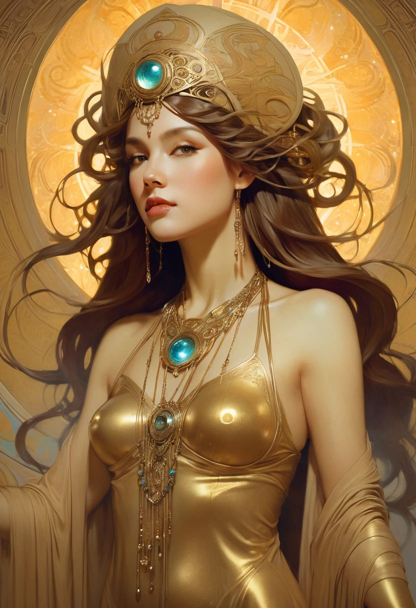 (A beautiful decorative female sand goddess, Gold dress, Glowing Gold Tattoo), (Galactic shaman with quantum energy vision), Fantasy magic, Long hairstyle, Dark Light Night, complex, Vague, Clear focus, illustration, Very detailed, number, Concept Art, Matte, (Artworks by wlop), (author:Justin Gerard (Justin Gerard) and Jason Edmiston (Jason Edmiston): 1.5), (author:Greg Rutkowski: 0.4), (author:Alphonse Mucha: 0.4), masterpiece