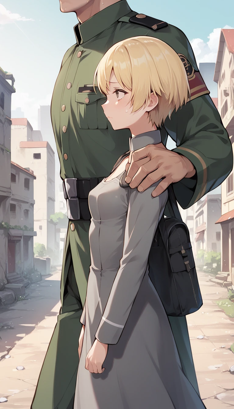 score_9, score_8_up, score_7_up, source_anime BREAK 
1girl, from side, small breasts, dirty dress, hands on shoulder, hand on another's shoulder, blonde short hair, grey eyes, sad face, town ruins, outdoors, walking, size difference, faceless male, male face out of frame, male military suit 