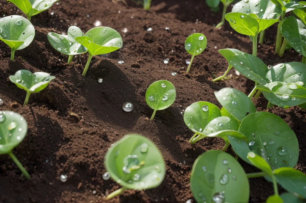 Large water drops fall on the seedlings of crops at close range