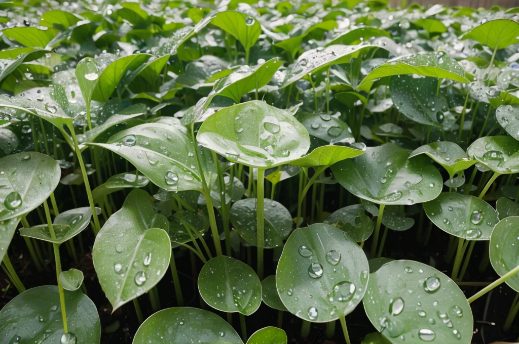 Large water drops fall on the seedlings of crops at close range
