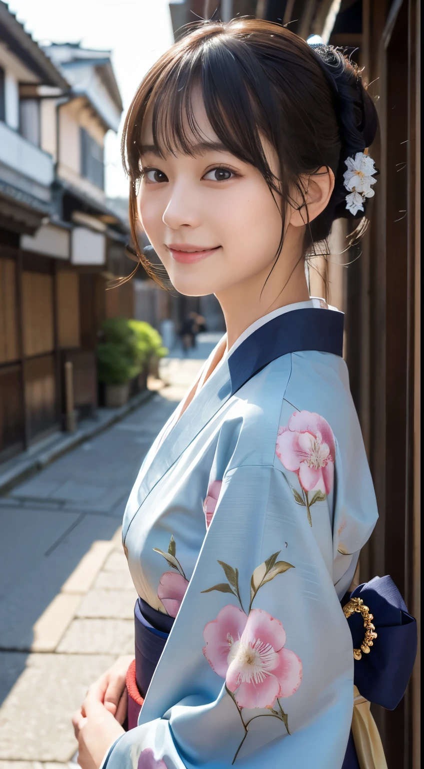 Professional Lighting,(Realistic:1.4), (Top image quality:1.0), (超High resolution:1.0), 8K, Raw photography, (masterpiece:0.2), (Dealing with the Children_v1:0.5)、(最高quality Detail:1.2)、Realistic、8K Ultra HD、High resolution、(1 Girl:1.2)、超detailedな、High quality textures、複雑なdetailed、detailed、Very detailed CG、High quality shadows、detailed 美しく繊細な顔、Beautiful details and a delicate eye、(Symmetrical eyes:1.2),Written boundary depth、Ray Tracing,1 Girl, Japanese Girls, (Natural smile:1.4),cute, thin, Portrait of a beautiful Japanese woman in a kimono, Standing elegantly on a street corner in Kyoto. Kimono with vibrant traditional patterns, Hair decorated with elegant and delicate hairpins, Gentle expression. (With the old streets of Kyoto in the background:1.4)、The soft light of a spring afternoon、Adding tranquility to the scene. Rendered in a Realistic style with great attention to detail, High resolutionの画像.Sky ????, Magic Hour, (Realistic:1.3), finely, quality, (Tabletop:1.2), (Realistic:1.2), (最高quality), (複雑なdetailed), dramatic, Ray Tracing, photograph, +roller