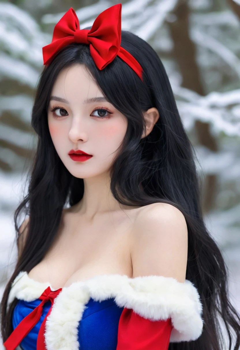 Araffe dressed as a snow White with a red bow and a red bow, Beautiful vampire queen, realistic role play, 《Adventure Treasure》Marceline, anime girl role play, 4K HD snow White hair, Beautiful vampire queen, snow White as a d &D Fighter, snow White, anime role play, role play, Vampire Camilla, Has long black hair, on the street,The clothes are torn,Large Breasts
