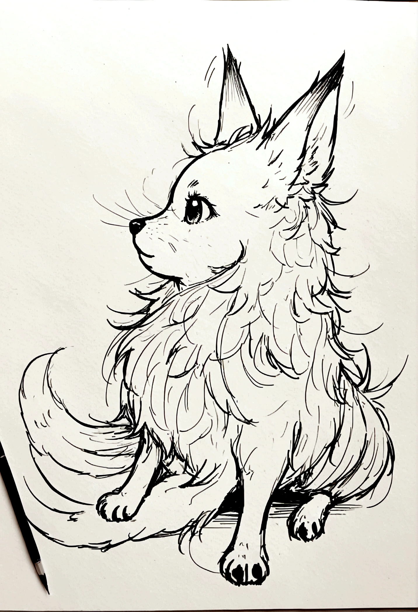 yeh, black andwhite, for drawing, thin-lines, feral, estilo fluffly, fully body, profile body, 4-legged, fluffly, average size, Puppy