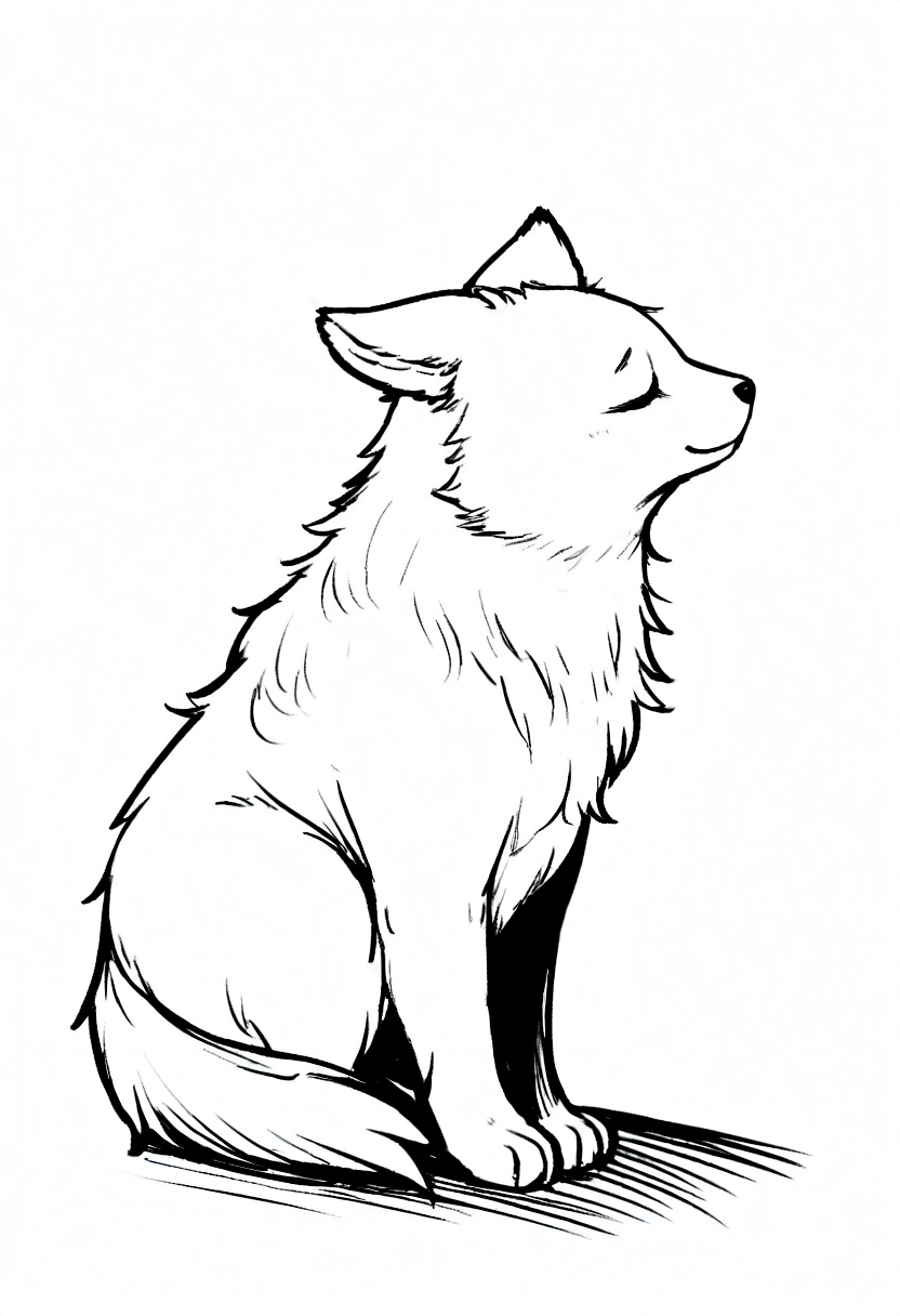 yeh, black andwhite, for drawing, thin-lines, feral, estilo fluffly, fully body, profile body, 4-legged, fluffly, average size, Puppy