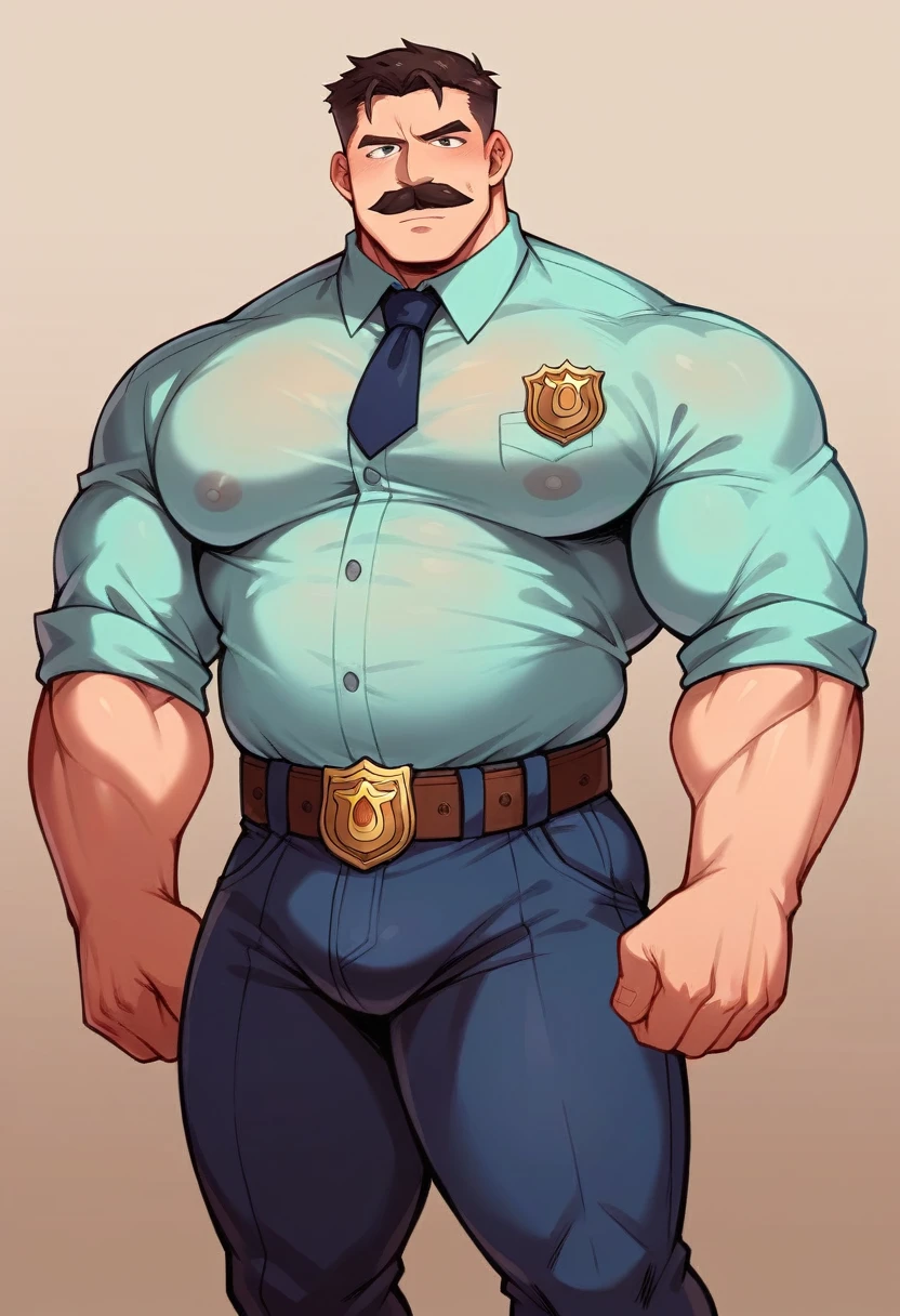 age 60, white man police detective with a mature, kind demeanor, strong and muscular yet chubby build, mustache, wearing dress pants and a buttoned-open translucent shirt that reveals a hairy chest and a noticeable bulge, wearing detective badge on belt, giving off a hint of a horny yet disgusting aura, completing the look with comfortable loafers.