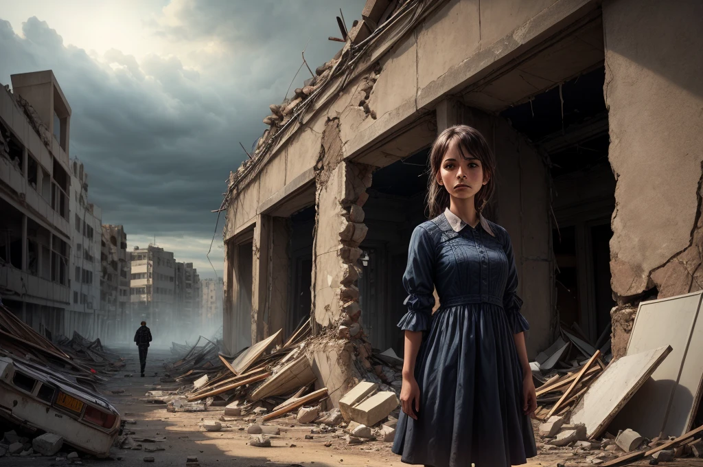solitary soldier, standing amidst rubble, rubble-strewn urban ruins, crumbling buildings, dusty soccer ball, solemn , dirty dress, sad expression, holding soldier's hand, thoughtful expression,(photorealistic:1.37), (ultra-detailed lighting:1.2), studio lighting, fine painting, under ominous sky
