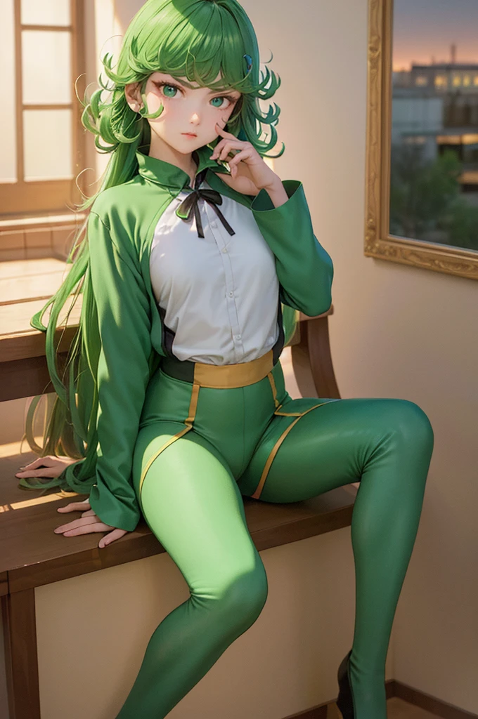 (Masterpiece, Best Quality:1.2), solo, 1girl, tatsumaki,(hair over left eye ),super long hair,unamused, closed mouth, looking a viewer, hand on our face, sitting, She wore Dunhuang flying clothes,big thighs