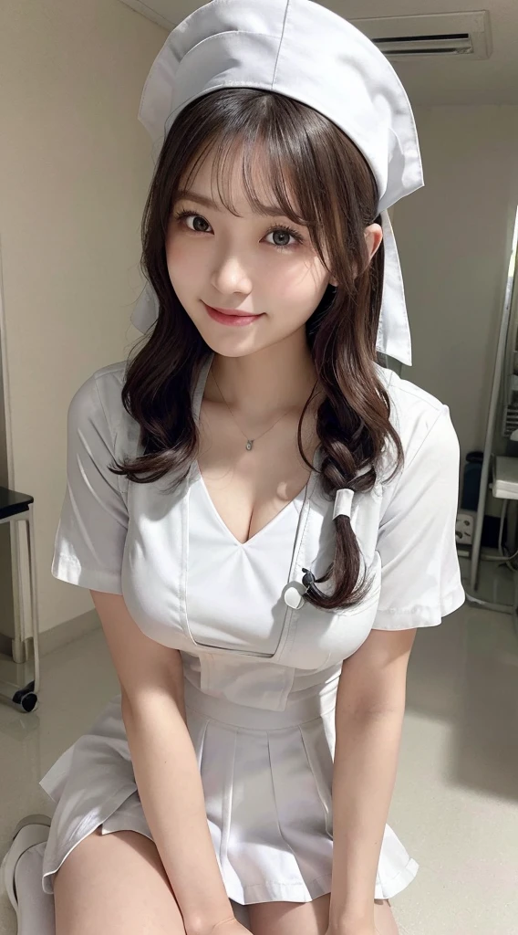 Innocent 14-year-old girl，huge breasts:1.2,cleavage of breasts:1.2、(panty shot:1.3) (white nurse uniform:1.5),( White short skirt:1.5),(White nurse hat:1.5),(white nurse pumps:1.5), (squatting:1.3）、Angle:1.2、（hands down:1.5）、The background is a hospital room.、laugh,shortcut、raw photo, (8K、top quality、masterpiece:1.2)、(intricate details:1.4)、(realistic:1.4)、octane rendering、Highly detailed representation of complex 3D renderings, studio soft light, rim light, vivid details, super detailing, realistic skin texture, detail face, Beautiful eye for detail, Highly detailed CG Unity 16k wallpaper, assembly, (detailed background:1.2), glowing skin, whole body,Squat down and bend your knees.